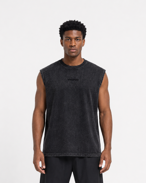 Man wearing a black sleeveless shirt with a brand logo WHICHOU