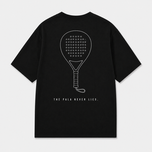 Black t-shirt with paddle graphic and text for padel lovers