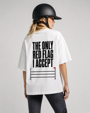 Equestrian girl wearing a white t-shirt with text "THE ONLY RED FLAG I ACCEPT" 
