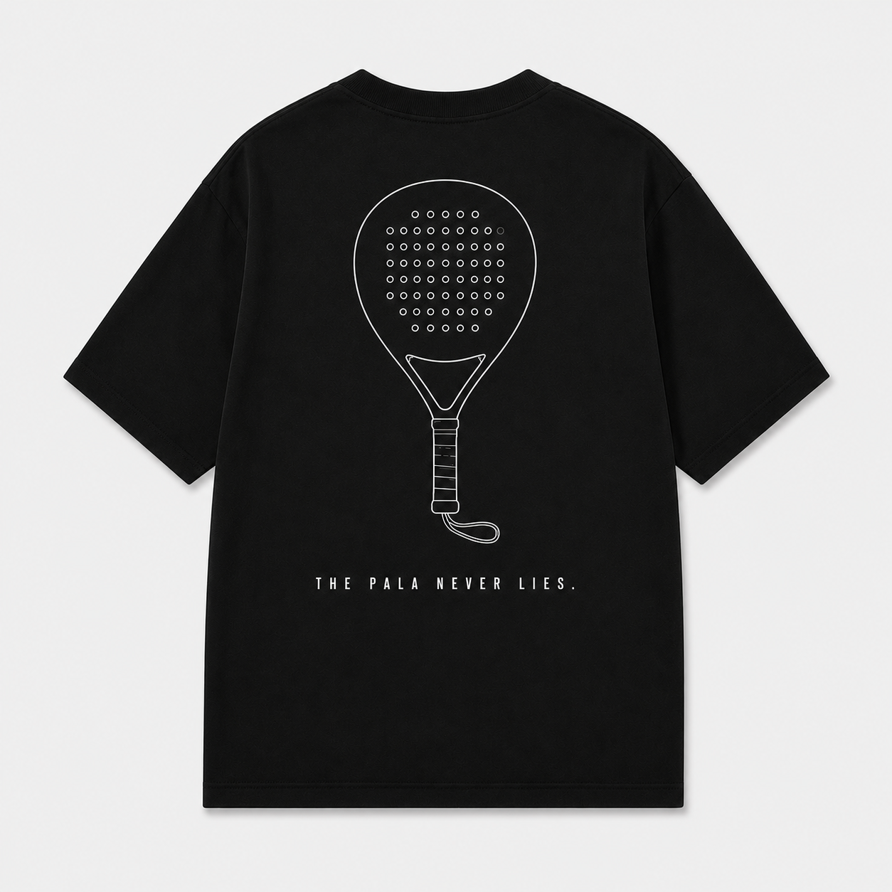 Black t-shirt with paddle graphic and text for padel lovers